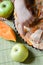 Kid tasting apple and pumpkin pie closeup