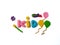 Kid text, plasticine clay, decoration balloon rocket and paintbrush