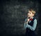 Kid Thinking Over School Blackboard, Child Boy Think Education