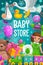 Kid toys shop. Baby games store bear, doll