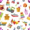 Kid toys vector icons seamless pattern. Children playthings set