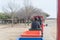 Kid trackless train ride in public winter event in Irving, Texas