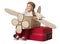 Kid Travel on Toy Airplane, Child Sitting on Vacation Suitcase