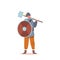 Kid in Viking Suit, Scandinavian Warrior Boy Character Wear Helmet Holding Wooden Shield and Hammer, Nordic Personage