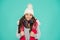 Kid warm knitwear. Trendy and stylish. Portrait of smiling girl hipster. Youth street fashion. Winter fun. feeling cold