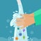 Kid washing hands. Clean hand without germs and bacterias under faucet. Childrens handwashing, virus protection vector