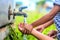 Kid washing hands with mother, selective focus point.