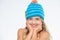 Kid wear warm soft knitted blue hat. Difference between knitting and crochet. Fall winter season accessory. Free