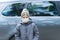 Kid wearing protective face mask for pollution or corona virus.Caucasian 7 year old, Child wearing protection mask