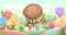 Kiddies on Candy Background. Cartoon sweet land. Boy and girl. Ice cream and caramel. Chocolate tree. Cute childrens