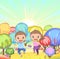 Kiddies on Candy Background. Cartoon sweet land. Sunrise. Boy and girl. Ice cream and caramel. Chocolate. Cute childrens