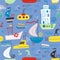Kiddish cute seamless with baby bright cartoon boat, yacht, hovercraft, water-bus, steamship, cruise, submarinepattern