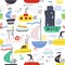 Kiddish cute seamless pattern with kids toy water transport for nursery decoration. Baby bright cartoon boat, yacht