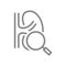 Kidney with magnifying glass line icon. Organ research, disease prevention symbol
