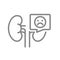Kidneys with sad face in speech bubble line icon. Diseased organ for filtering blood symbol