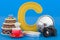 Kids ABC, fluffy letter C with cake, clock, cup, tin can, camera. 3D rendering