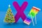 Kids ABC, fluffy letter X with xylophone, X-mas tree. 3D rendering