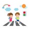 Kids across the road, Students walk across the crosswalk with a traffic light,back to school,Vector Illustration.