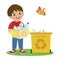 Kids Activities Vector. Ecology Theme Illustration. Boy Gathering Garbage And Plastic Waste For Recycling.