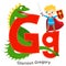 Kids alphabet. English letters with cartoon children characters. G for glorious Gregory. Knight boy fight with dragon