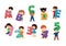 Kids alphabet vector children font and boy or girl character holding alphabetic letter or number illustration