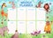 Kids animals weekly planner. School student schedule with wild fauna, children to do list with rabbit elephant and lion