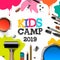 Kids Art Camp 2019, education, creativity art concept. Banner or poster with white background, hand drawn letters