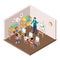 Kids art studio vector illustration. Isometric classroom for drawing lesson with easel, students, teacher
