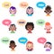 Kids avatars. International people with speech bubbles different chat words children communication talking bubbles