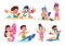 Kids at beach. Flat children character on summer holidays performing beach activities, swimming playing ball sunbathing