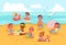 Kids on beach illustration. Summer seashore with boys and girls. Babies sunbathing and swimming in water. Cartoon