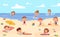 Kids beach vacations. Children playing sea, activity in sand. Cartoon fun child, summer resort and vacations. Happy