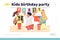 Kids birthday party concept of landing page with boy getting gifts from preschool girls friends