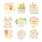 Kids Birthday Party Entertainment Promo Signs Series Of Colorful Vector Design Templates With Festive Symbols