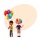Kids at birthday party, holding balloons, wearing clown nose, wig