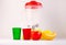 Kids blender on a white background. Childs food toy. Healthy eating, raw vegan diet, playing with babies.Healthy eating