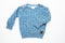 Kids blue knitted sweater with pattern. Front view