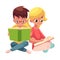 Kids, boy in glasses, blond girl with ponytails, reading books
