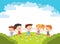 Kids. Boys and girls plays and jump on a bright lawn. Vector illustration