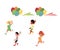 Kids, boys and girls, running with colorful kites, balloons