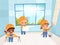 Kids builders. Funny young peoples constructors crane and brick wall making vector characters