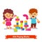 Kids building tower with colorful wooden blocks