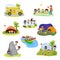 Kids camp vector children camper characters and camping activity on summer vacation illustration set of child playing in