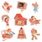 Kids cardboard costumes. Children playing in active games with paper box making house car and airplane vector characters