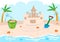 Kids Castle Building Tools on a Beach. Editable Clip Art.