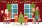 Kids celebrate christmas at home flat. Santa Claus, deer and parents with gifts vector illustration. Boy and girl