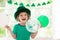 Kids celebrate St Patrick Day. Irish holiday