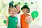 Kids celebrate St Patrick Day. Irish holiday