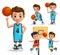 Kids character playing basketball vector set. Young school boy wearing basketball uniform