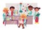 Kids in chemistry flat illustrations set. Cute girls and boys conducting experiment, looking through microscope